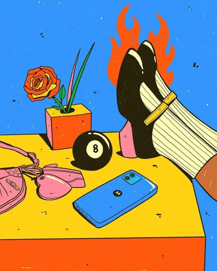 Illustration of a colorful still life with retro items, including a rose, 8-ball, heels, and a smartphone.