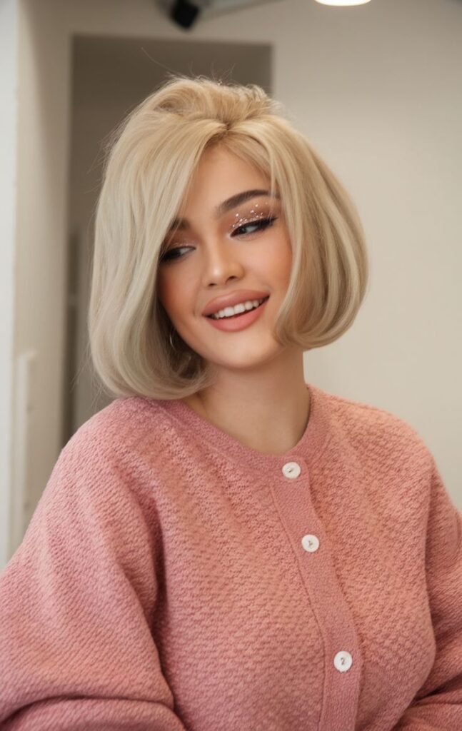 Smiling woman with blonde bob haircut wearing a pink sweater and sparkling eye makeup.