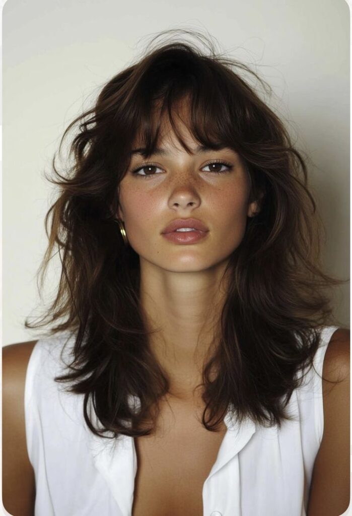 Young woman with wavy brown hair and bangs wearing a white top, staring confidently at the camera.