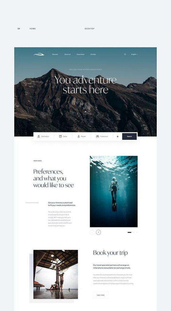 Adventure travel website with mountain view and diver, offering custom trip planning and booking services.