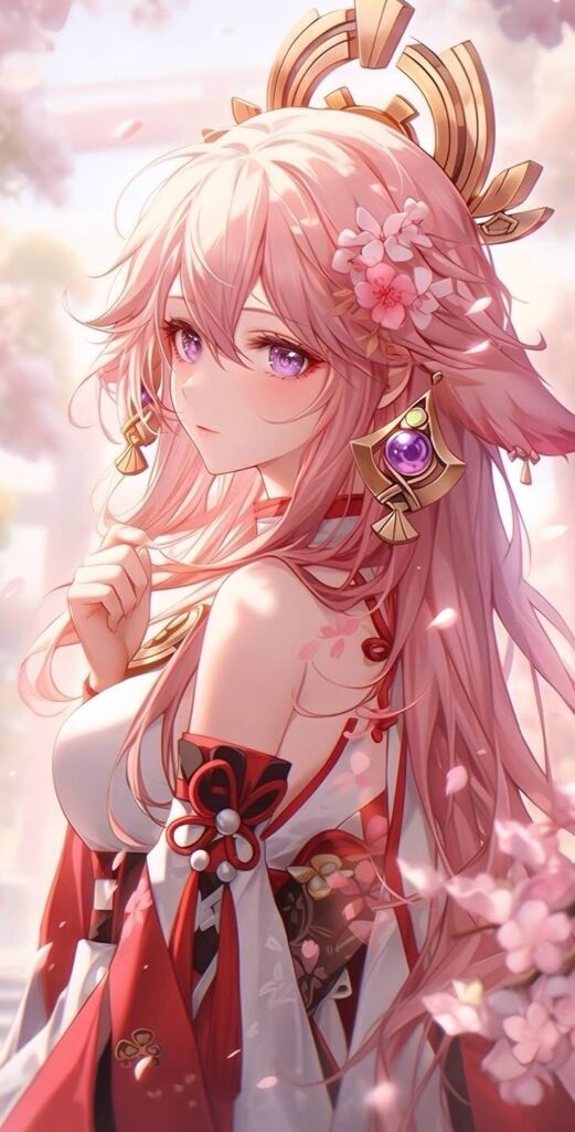 _ 3 Anime character with pink hair and floral accessory, wearing traditional attire in a serene, blossom-filled landscape. | Sky Rye Design Anime character with pink hair and floral accessory, wearing traditional attire in a serene, blossom-filled landscape.