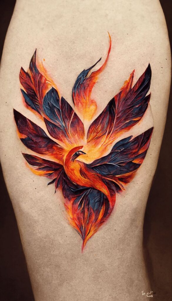 Fiery phoenix tattoo with vibrant orange and blue feathers, symbolizing rebirth and transformation.