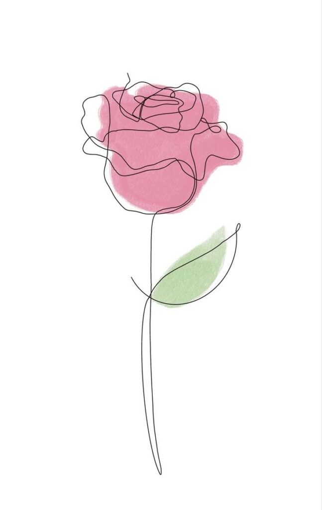 Minimalistic one-line art of a pink rose with green leaf, simple and elegant flower illustration on white background.