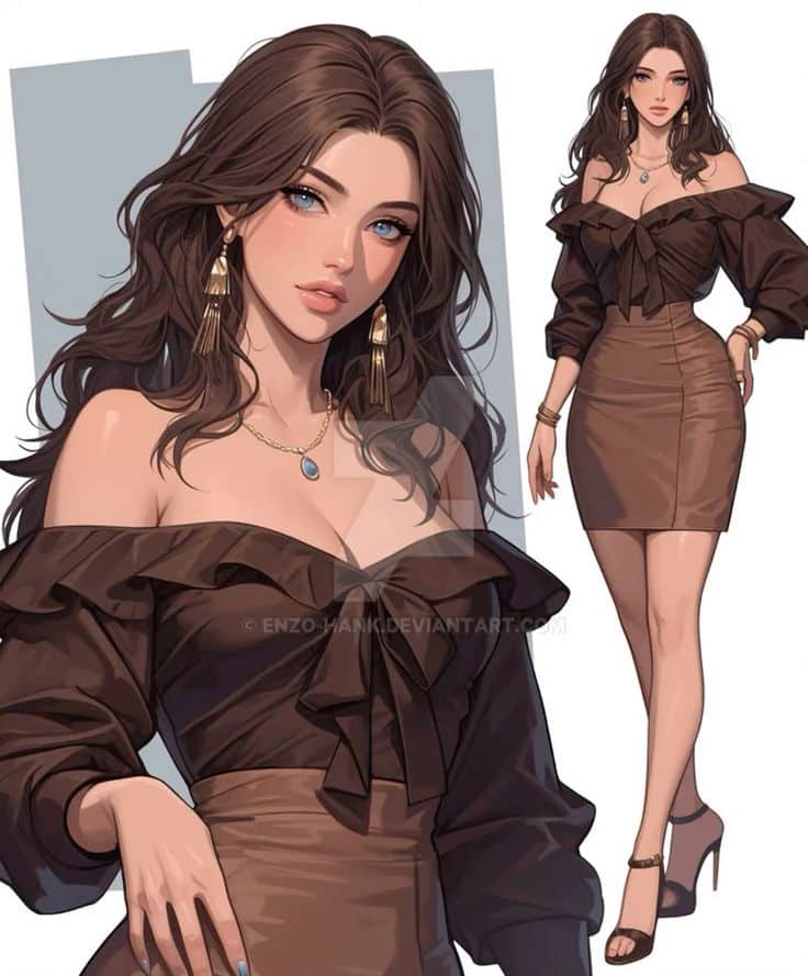 Illustration of a stylish woman in a brown off-shoulder dress with elegant jewelry and long earrings.