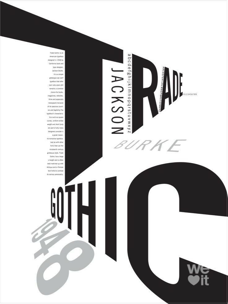 Creative typographic design showcasing Trade Gothic font, featuring the text Jackson Burke and 1948.