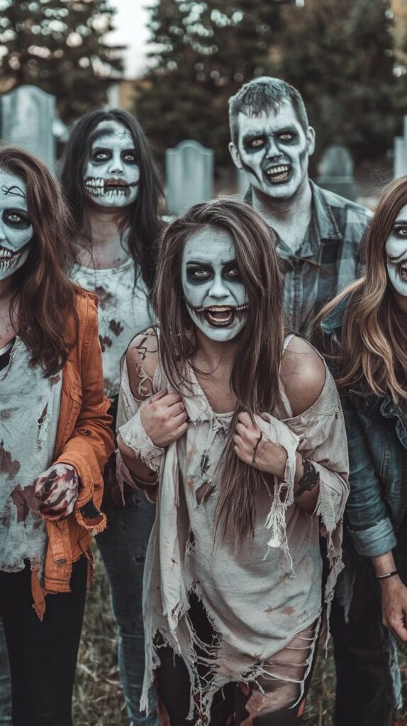 Group of people in zombie costumes with face paint, standing in a spooky outdoor setting, perfect for Halloween themes. Halloween outfit