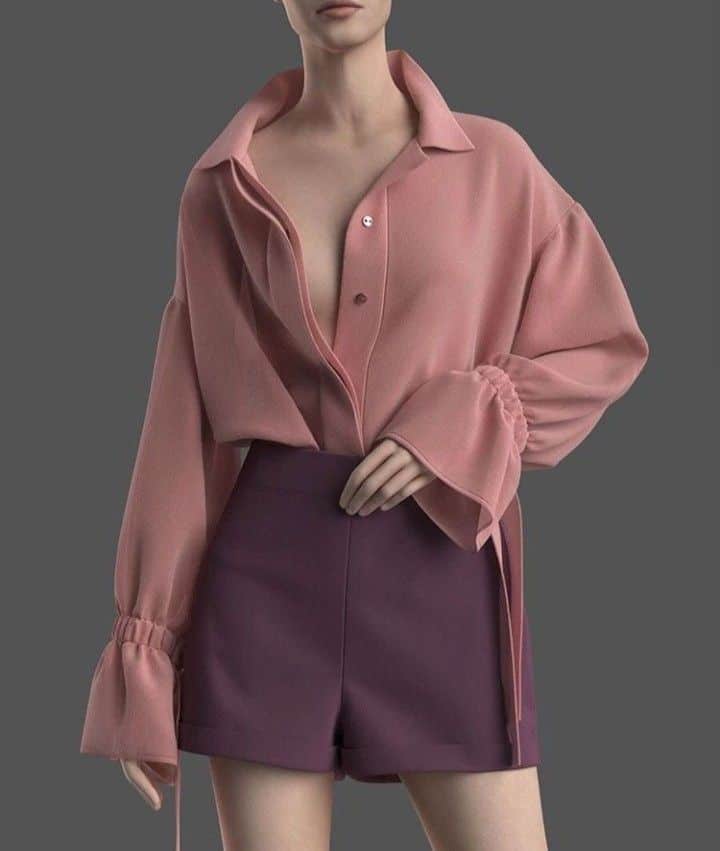 _ 3 Fashion-forward outfit featuring a pink oversized blouse and purple high-waisted shorts, set against a neutral background. | Sky Rye Design Fashion-forward outfit featuring a pink oversized blouse and purple high-waisted shorts, set against a neutral background.