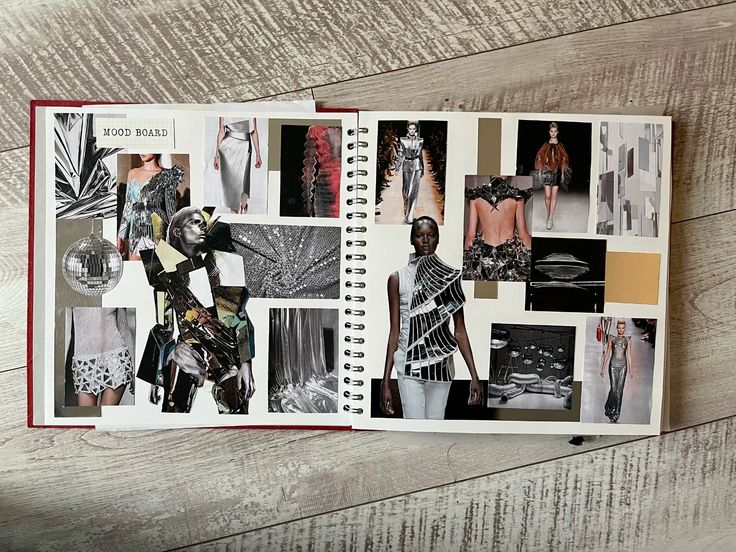 Fashion mood board with metallic and abstract design elements on a wooden floor background.