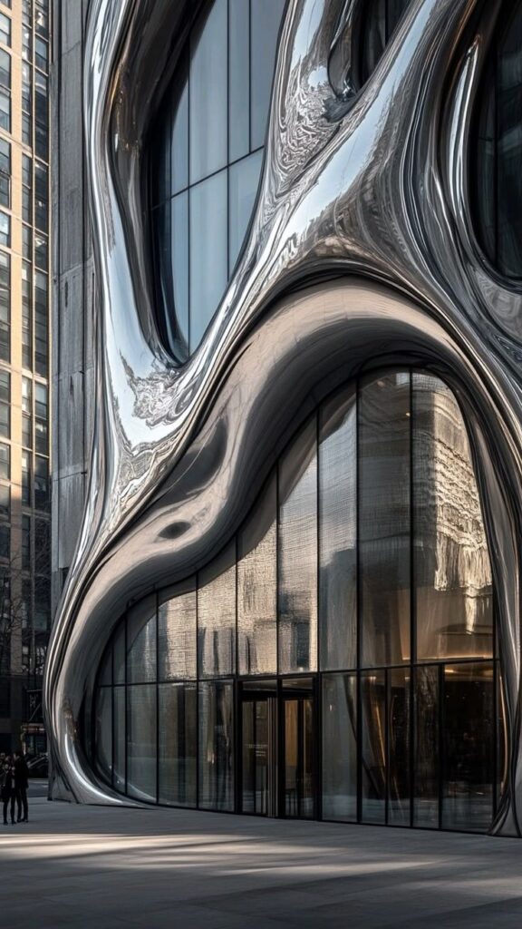 _ 3 Futuristic building facade with smooth, reflective, curved metal design and large glass entrance. | Sky Rye Design Futuristic building facade with smooth, reflective, curved metal design and large glass entrance.