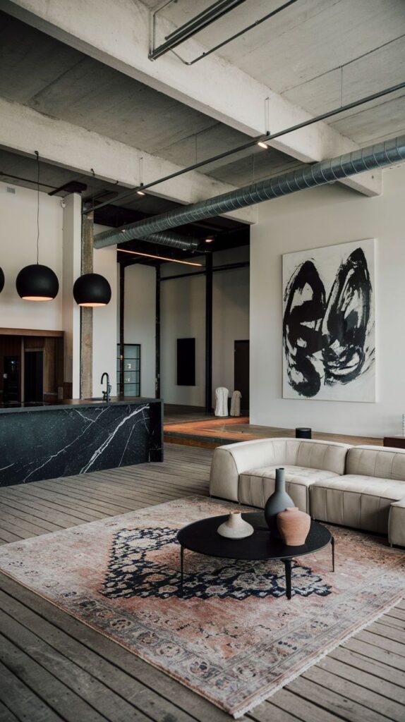 Modern loft interior with abstract art, black marble counter, beige couch, and decorative vases on a patterned rug.