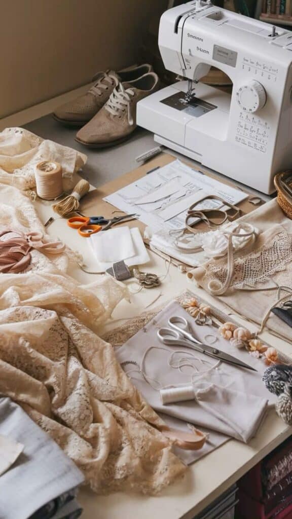 Sewing workspace with machine, fabrics, scissors, patterns, and lace materials for a creative design project.