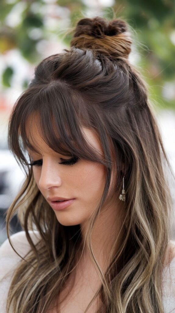 Woman with half-up bun hairstyle and curtain bangs, wearing earrings, outdoors.