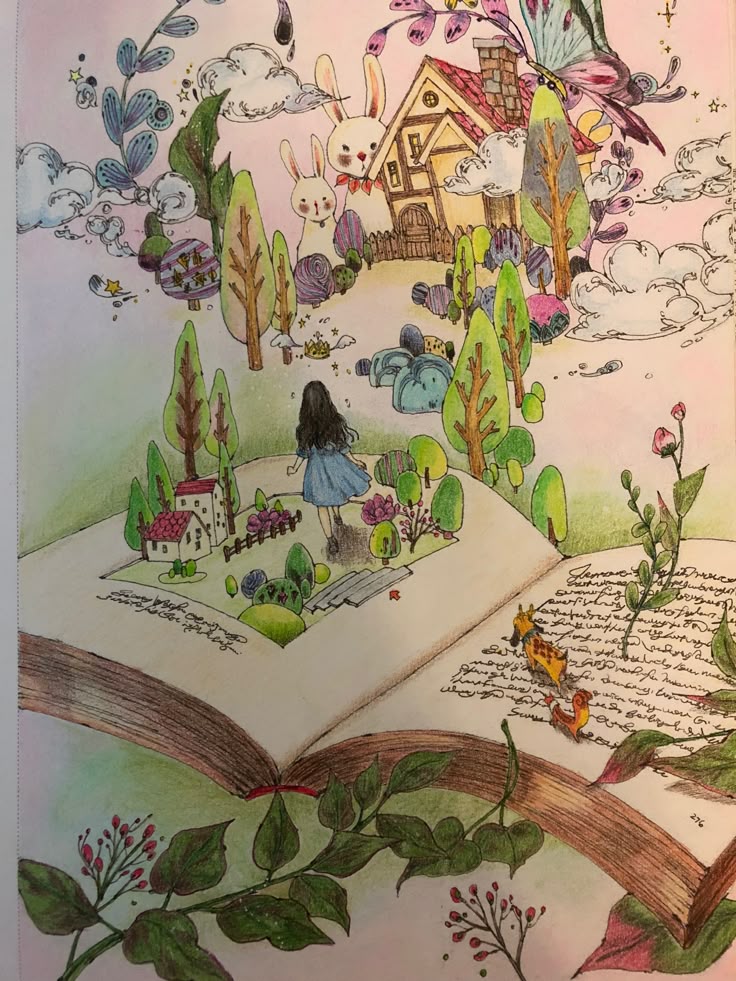 Illustrated fairy tale book with a girl walking into a magical world of houses, rabbits, and colorful landscapes.