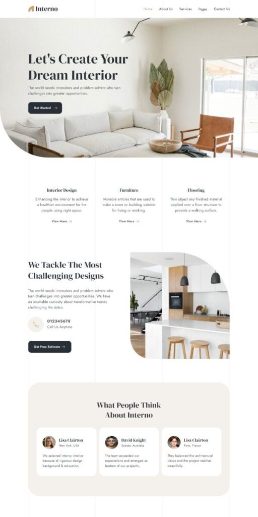Modern interior design service website with living room and kitchen images, highlighting design and furniture solutions.