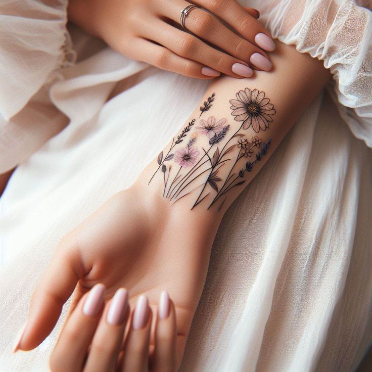 Elegant floral tattoo on forearm with delicate pastel nail art, perfect for feminine and artistic aesthetic inspiration.