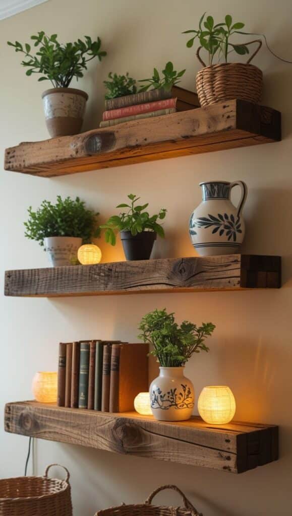 301c41bcf1182d966238e3a6e684cd73 Rustic wooden shelves with potted plants, books, and glowing candles create a cozy, nature-inspired home decor. | Sky Rye Design Rustic wooden shelves with potted plants, books, and glowing candles create a cozy, nature-inspired home decor.