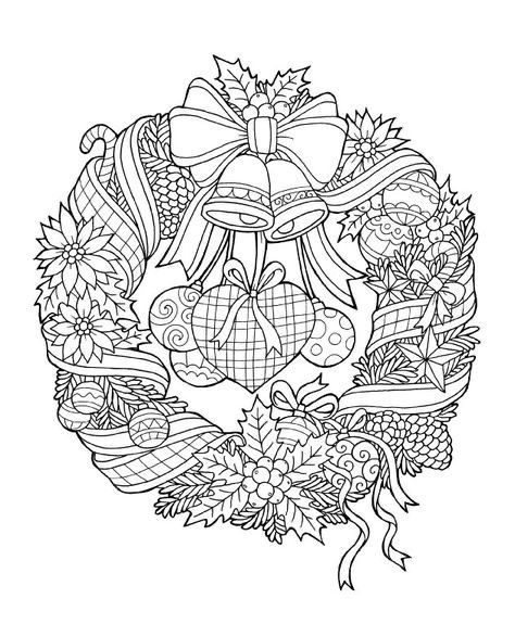 3084fbb7-68cd-490c-859b-4388a646008a Intricate Christmas wreath coloring page featuring bells, ribbons, and ornaments for a festive holiday decoration. | Sky Rye Design Intricate Christmas wreath coloring page featuring bells, ribbons, and ornaments for a festive holiday decoration.
