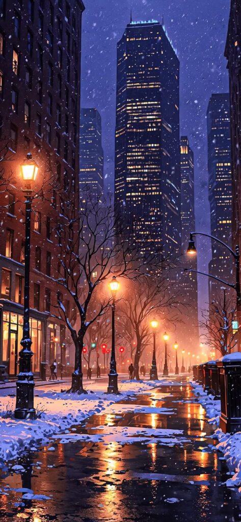 Snowy city street at night with illuminated skyscrapers and streetlights, people walking under falling snow.