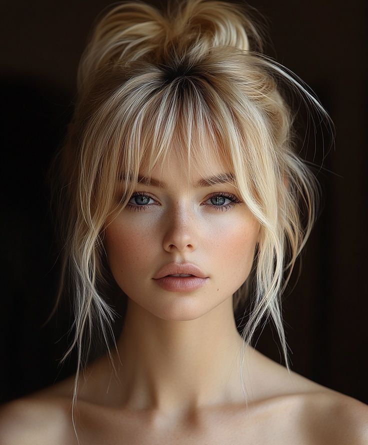 Portrait of a woman with blonde hair in a messy bun, natural makeup, and bangs, set against a dark background.