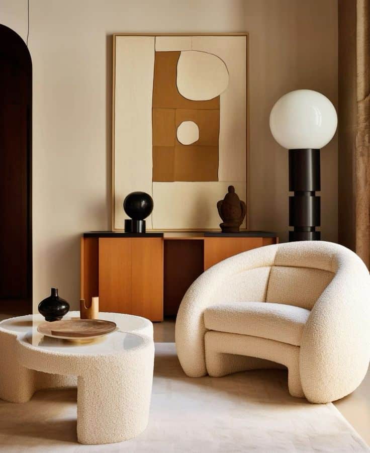 Modern living room with abstract art, cozy white armchair, unique table, and stylish decor elements on a wooden console.