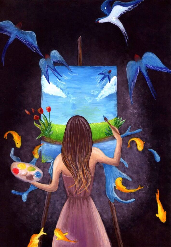 Artist paints a vibrant landscape with birds and fish coming to life from the canvas.