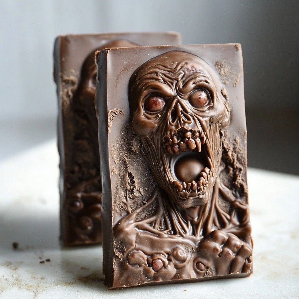 31b89924d086b034fca4e8147ecb334f Detailed zombie face carved in chocolate bar, capturing spooky and artistic Halloween-themed confectionery design. | Sky Rye Design Detailed zombie face carved in chocolate bar, capturing spooky and artistic Halloween-themed confectionery design.