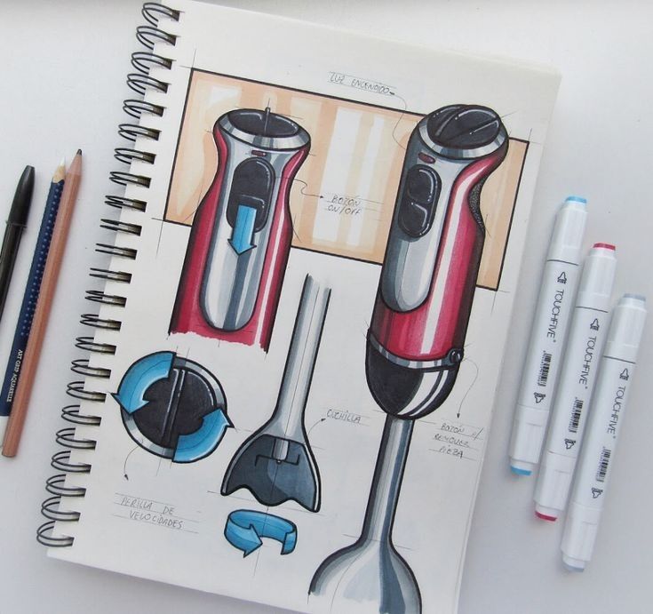 31bd3ed6-1c49-41bd-969c-da908ac222ca Sketchbook page with technical drawings of a hand blender, surrounded by colored pencils and markers. | Sky Rye Design Sketchbook page with technical drawings of a hand blender, surrounded by colored pencils and markers.