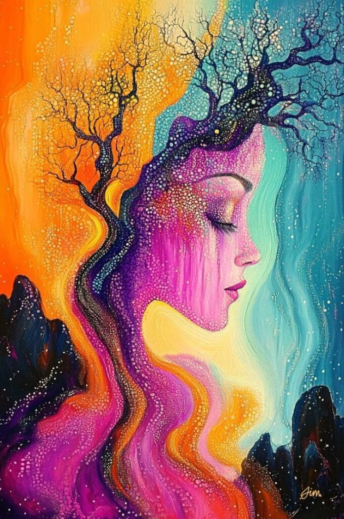 Colorful abstract painting of a woman's profile with tree branches as hair, blending vibrant orange and blue hues.