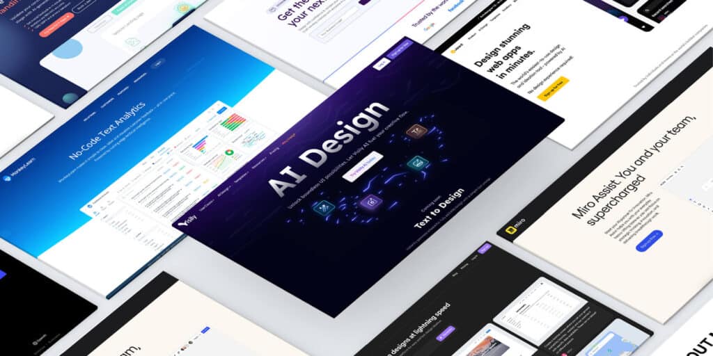 Collage of tech websites showcasing AI design, no-code analytics, and team collaboration solutions.