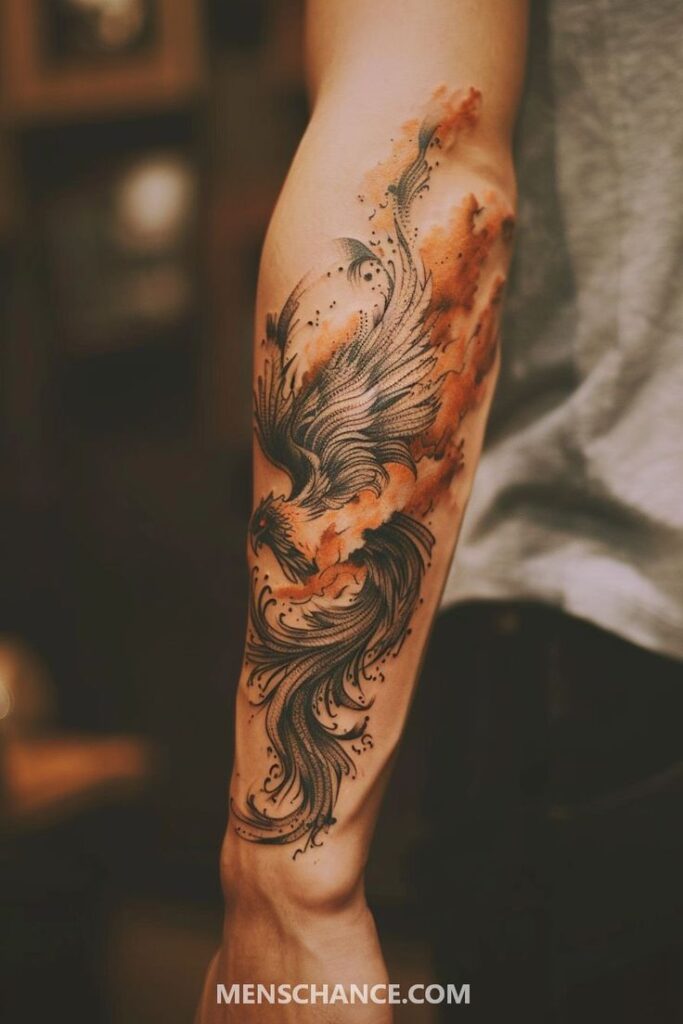 Phoenix tattoo with black and orange ink on forearm, blending intricate details and vibrant colors.