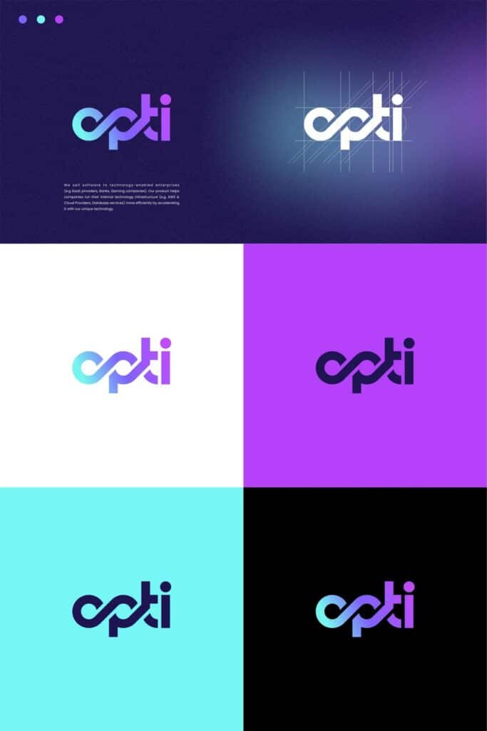 Abstract opti logo design in various colors and styles on a dark gradient background.