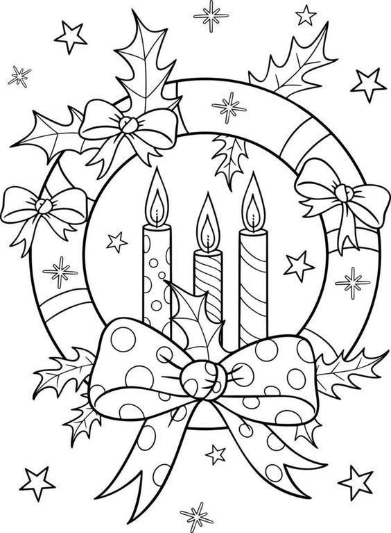 337b6786-e569-4a4b-8afb-140703169272 Festive candle wreath coloring page with three patterned candles, ribbons, and holly leaves for Christmas creativity. | Sky Rye Design Festive candle wreath coloring page with three patterned candles, ribbons, and holly leaves for Christmas creativity.