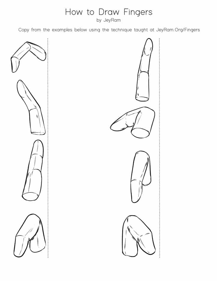 Drawing guide showing how to sketch fingers in various positions with simple line techniques.