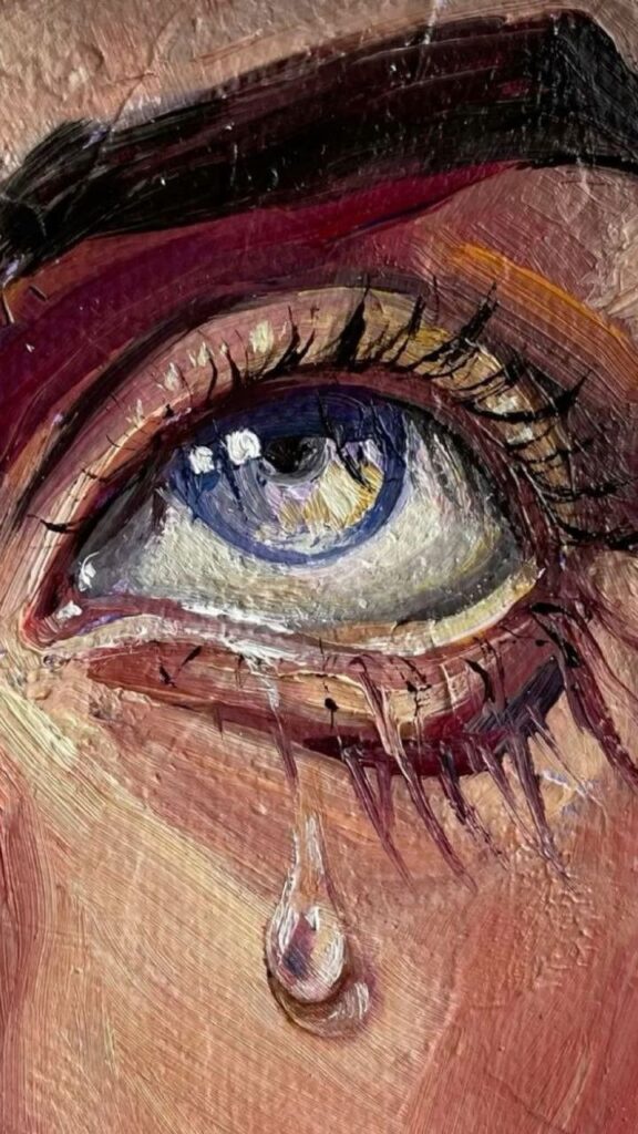 Close-up of a painting of an eye with a tear, showcasing vivid brushstrokes and emotional expression.