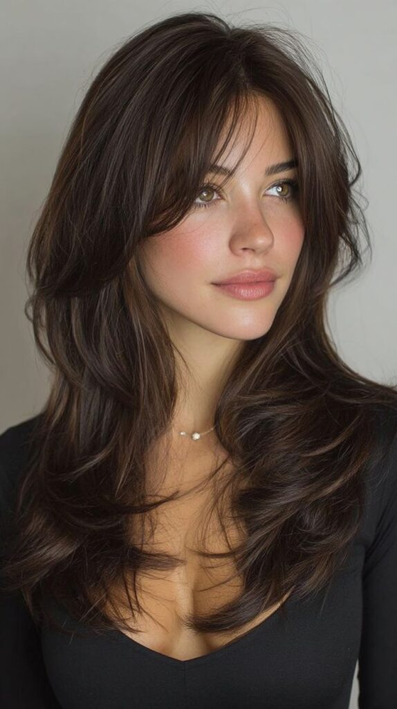 Brunette woman with layered haircut and bangs, wearing black top, looking away, neutral background.