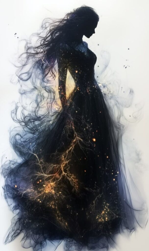 Silhouette of a mystical woman in a flowing cosmic dress with glowing stars and energy patterns.