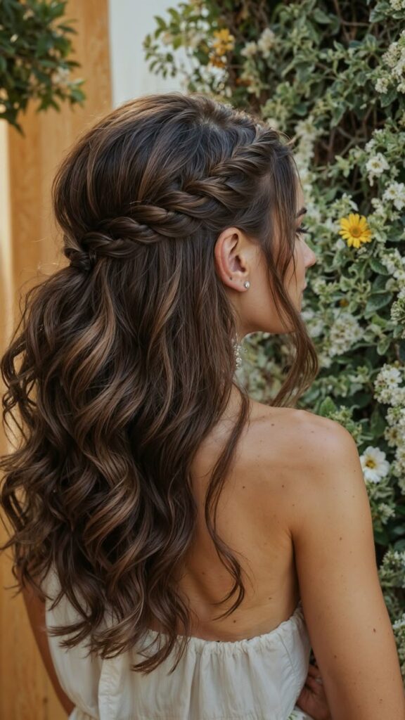 Woman with braided wavy hair and white dress, standing by flowers and greenery.