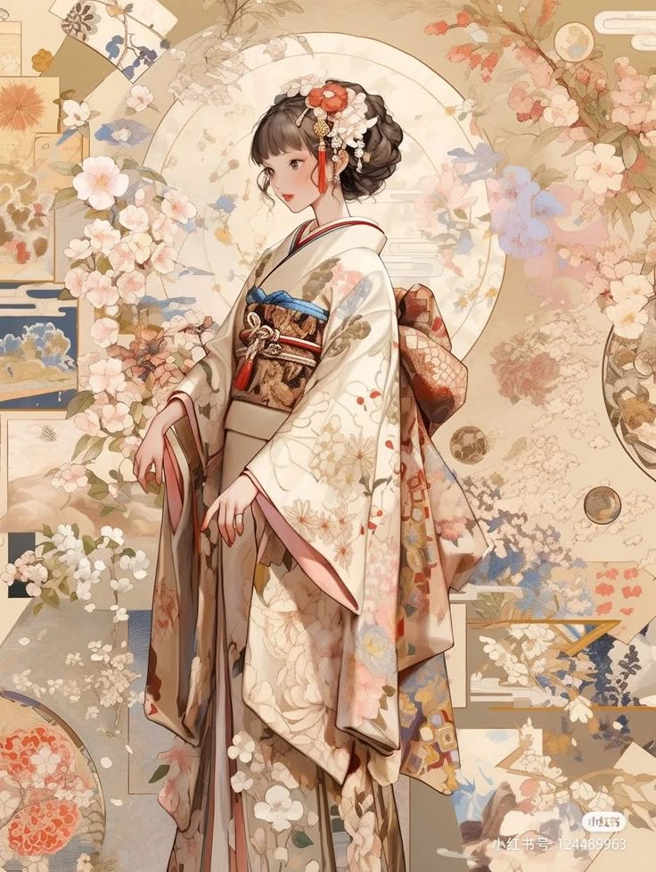 Elegant woman in traditional Japanese kimono with floral patterns, set against an artistic floral background.