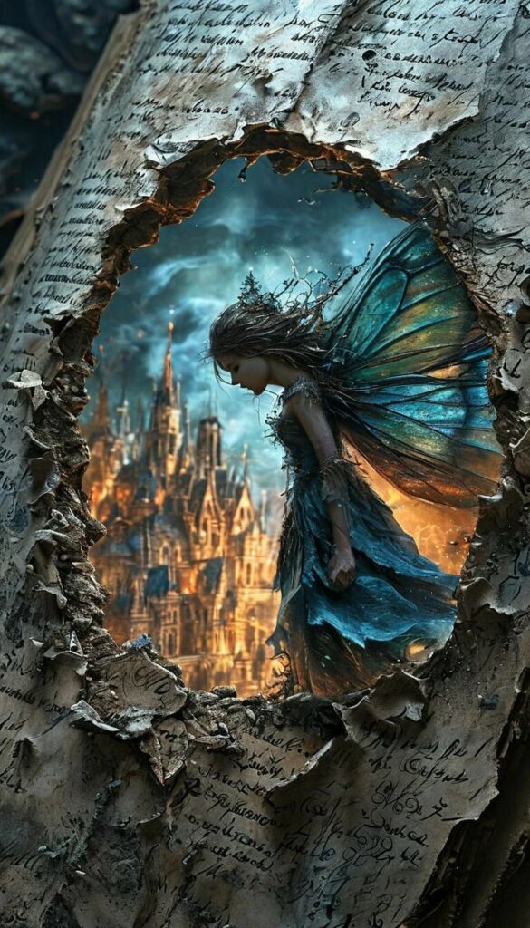 Magical fairy with blue wings in a torn book, revealing an enchanted castle backdrop.