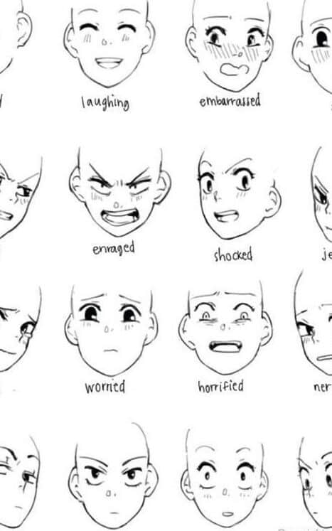353ae59a-1857-445f-b799-d98d38885a7c Manga-style faces showing various emotions: happy, angry, sad, surprised. Sketch art expression guide. | Sky Rye Design Manga-style faces showing various emotions: happy, angry, sad, surprised. Sketch art expression guide.