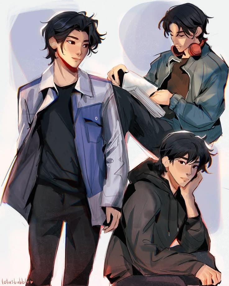 Illustration of three stylish, young anime characters in casual outfits and different poses.