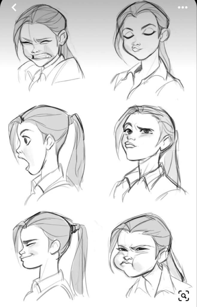 Character sketch showing diverse facial expressions: anger, surprise, contemplation, and defiance in pencil art.