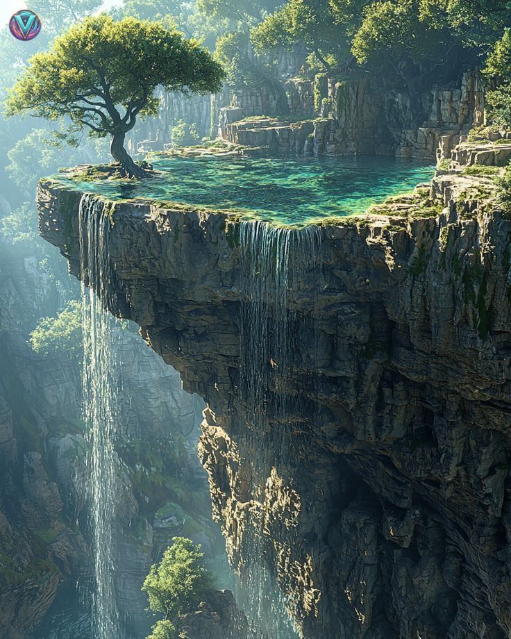 Spectacular cliffside tree by a cascading waterfall into a stunning turquoise pool in a lush forest setting.