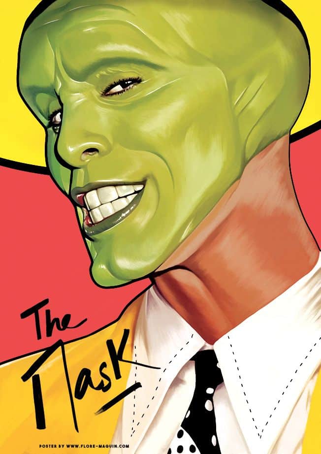 Illustration of a green-faced character with a wide smile, wearing a yellow hat and suit, titled The Mask.