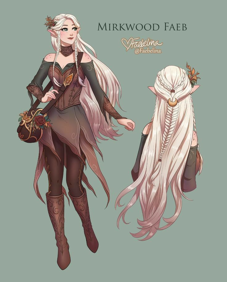 Fantasy elf character with long braided hair, intricate dress, and floral accessories, labeled Mirkwood Faeb.