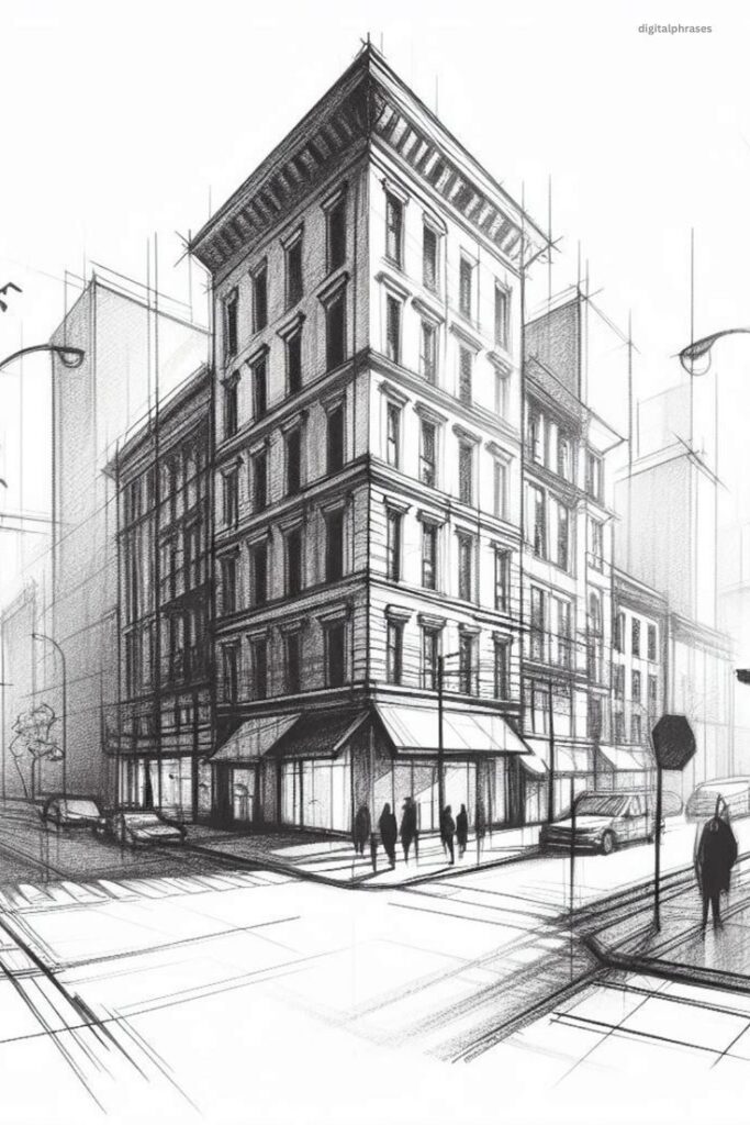Black and white sketch of an urban street corner with a tall building and pedestrians.