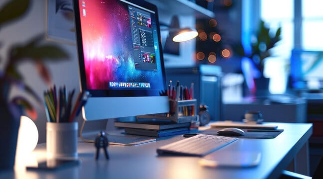 Modern workspace with a large desktop monitor, keyboard, and creative tools, glowing in warm ambient lighting.