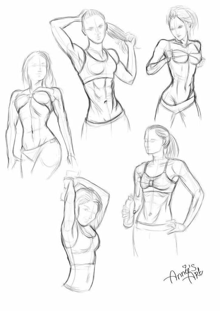 Sketches of fit women in various athletic poses, highlighting toned physiques and dynamic movement.