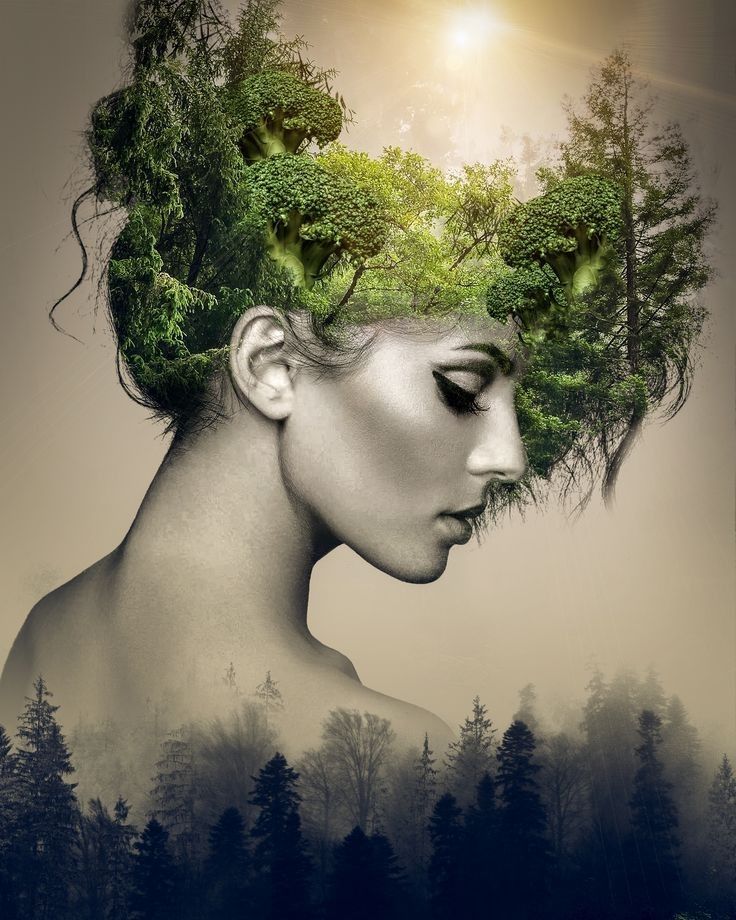 A woman's profile with a forest and broccoli integrated into her hair, symbolizing nature and sustainability.