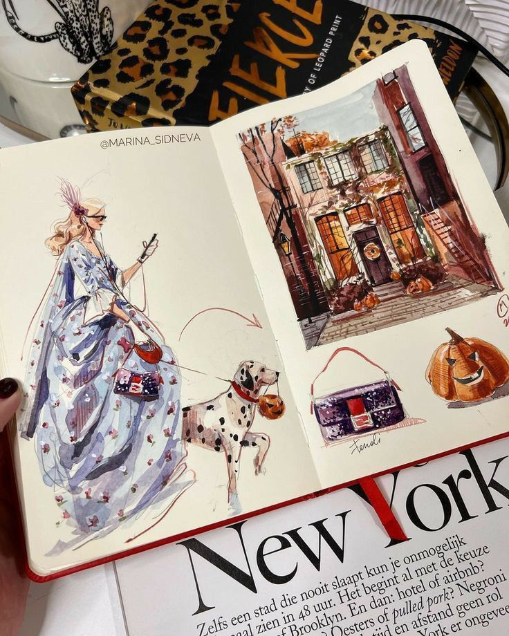 Open sketchbook features fashion illustration, Halloween-decorated house, and accessories. Cozy autumn artistic vibe.